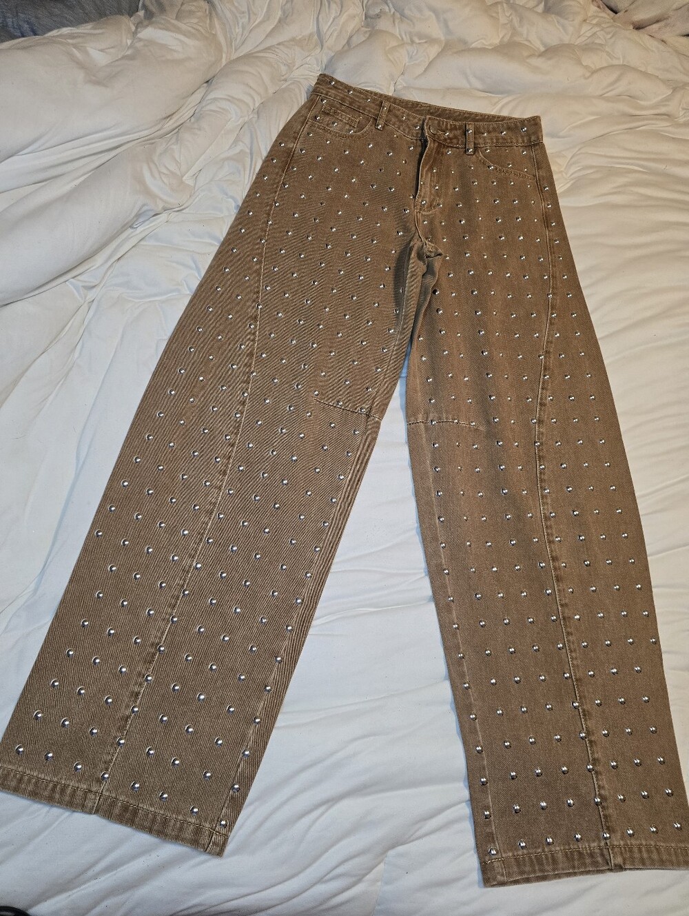K/ZN Size 26 Brown All-Over Studded Wide-Leg Denim Jeans Y2K
